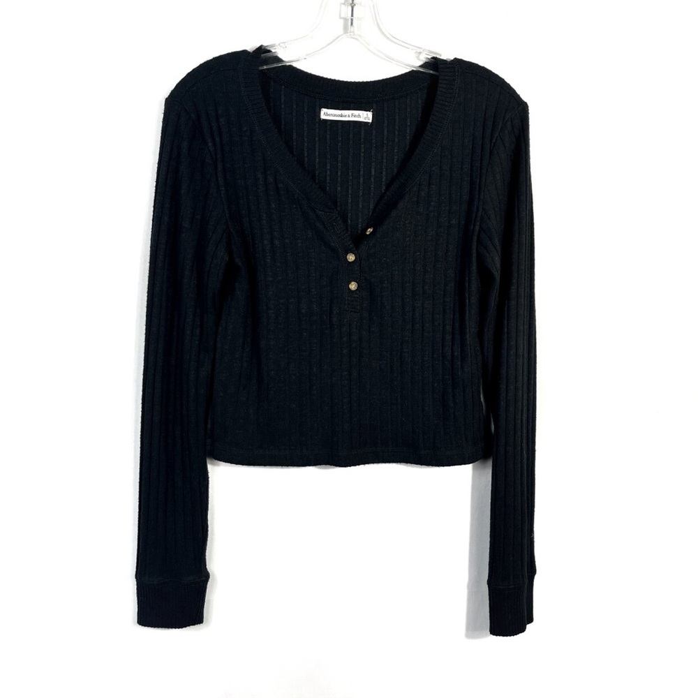 Abercrombie & Fitch Black Ribbed Long Sleeve Cropped Button Henley Top, M